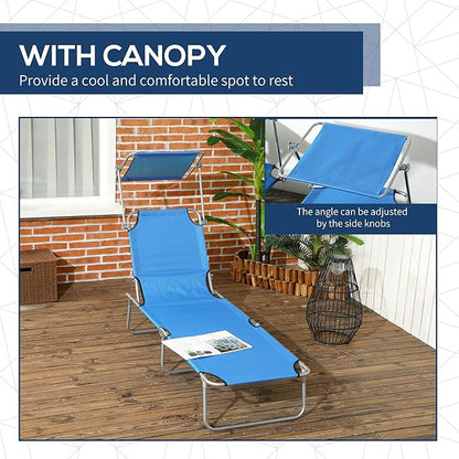 Outsunny Outdoor Lounge Chair, Adjustable Folding Chaise Lounge, Tanning Chair with Sun Shade for Beach, Camping, Hiking, Backyard, Blue