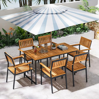 Tangkula 55 Inches Acacia Wood Patio Dining Table for 6, Rectangle Outdoor Table with Heavy Duty Metal Legs and Umbrella Hole, Outside Table for Backyard, Deck, Lawn, Poolside