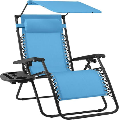 Best Choice Products 30” Wide Folding Zero Gravity Outdoor Recliner Patio Lounge Chair w/Adjustable Canopy Shade, Headrest, Side Accessory Tray - Light Blue