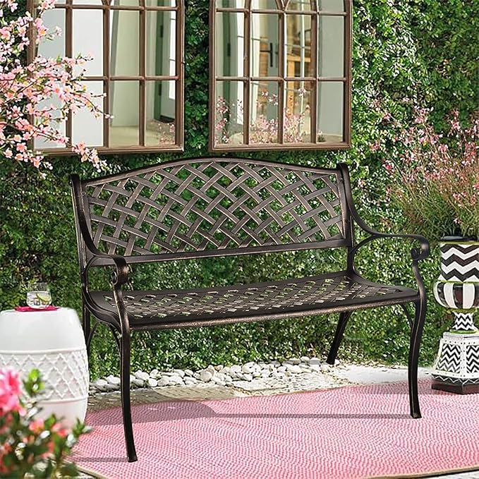 TITIMO 41” Outdoor Garden Bench with Armrests Sturdy Cast Aluminum Porch Loveseat Chair for All-Weather Patio Park Path Yard Lawn Work Entryway Decor Deck (Black)
