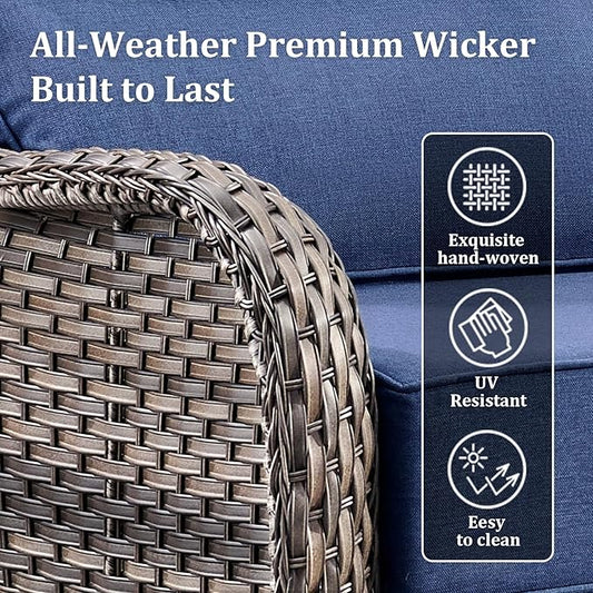 Luxury Patio Furniture Set with 42.5" Fire Pit Table, 6 Pieces High Back All Weather Wicker Outdoor Furniture w/ 6-Inch Thick Cushions, Patio Swivel Chairs Couch for Deck Balcony Backyard Grey/Blue