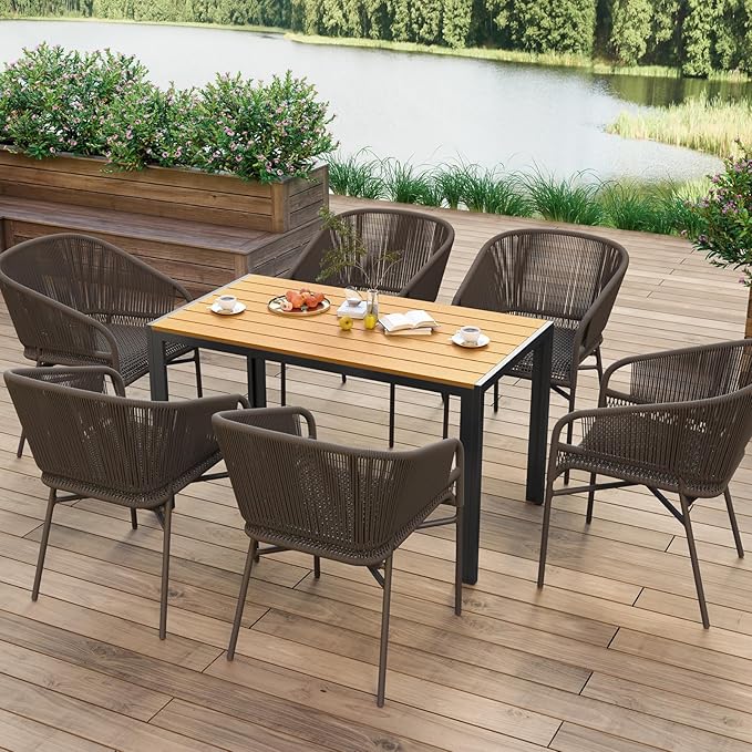 LIFERUN Outdoor Patio Table for 4-6 Person, 43×28in Rectangle Outdoor Dining Table with Wooden-Like Top and Aluminum Frame, Heat and Weather Resistant, Ideal for Garden, Patio, Poolside, Porch, Brown