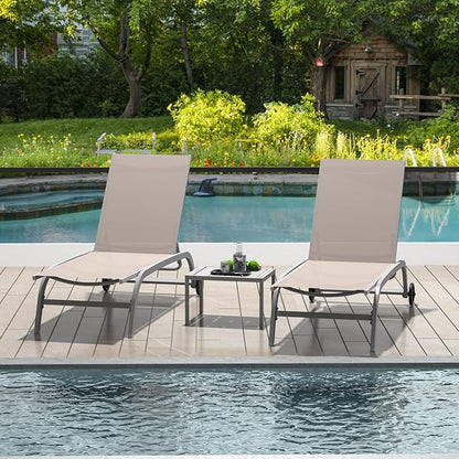 Domi Chaise Lounge Outdoor Set of 3, Lounge Chairs for Outside with Wheels, Outdoor Lounge Chaise with 5 Adjustable Position, Pool Lounge Chairs for Patio, Beach, Yard, Deck, Poolside, Khaki