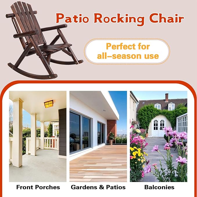 Wooden Rocking Chair Outdoor, Ergonomic High Back Patio Rocking Chairs, Porch Rocker for Backyard/Lawn/Patio/Garden/Balcony/FirePit/Indoor (Brown)