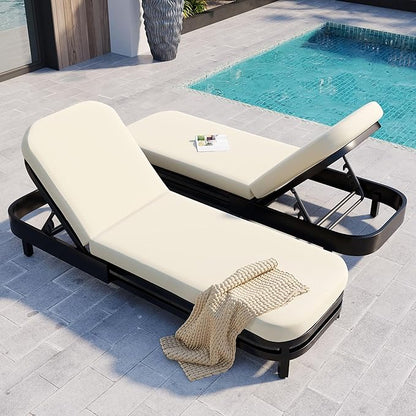 Merax Outdoor Lounge Chair Set of 2, Modern Aluminum Chaise Loungers with Premium Olefin Cushions, UV-Resistant & Water-Resistant, 5-Level Reclining, for Patio, Poolside, Garden, Beige