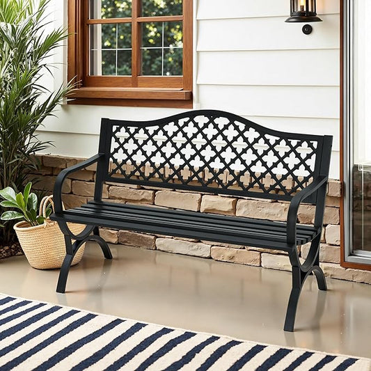 MFSTUDIO 50" Lucky Clover Outdoor Bench, Black Cast Iron Back with Waterproof E-Coating, Durable Patio Garden Bench Park Chair, Black