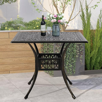 VIVIJASON 35.4" Outdoor Patio Dining Square Table Bronze Cast Aluminum Rustic Large Patio Table with Umbrella Hole