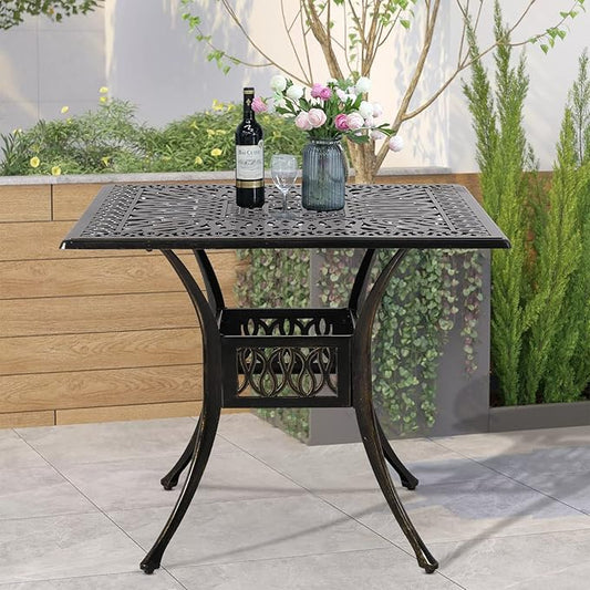 VIVIJASON 35.4" Outdoor Patio Dining Square Table Bronze Cast Aluminum Rustic Large Patio Table with Umbrella Hole