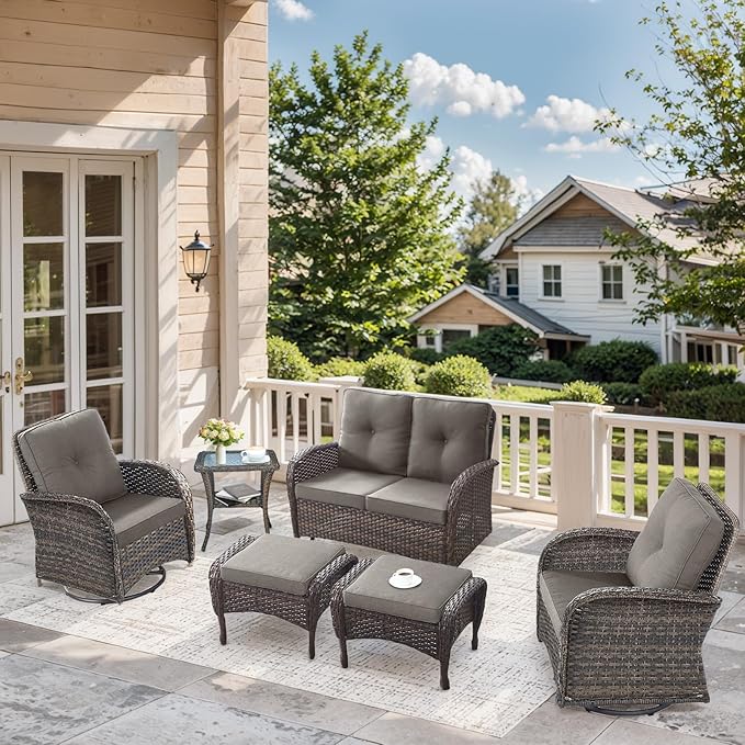 6 Pieces Patio Wicker Furniture Set-Outdoor Swivel Chairs Set of 2 Outdoor Glider Love seat with Outdoor Footstool - Photo 1