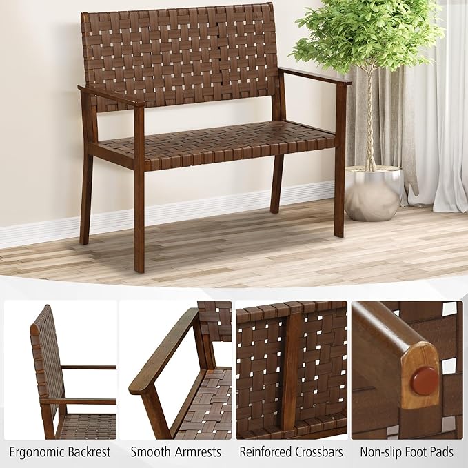 Tangkula Patio Loveseat Bench, Outdoor All Weather Bench with Solid Rubber Wood Frame & Hand Woven PU Leather, Indoor Outdoor 2-Seater Conversation Chair for Backyard, Garden, Poolside