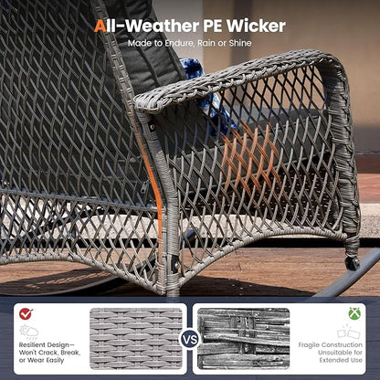 UDPATIO 3 Piece Patio Furniture Set, Wicker Rocking Bistro Set with 2 Rockers, 1 Side Table and 4‘’ Thick Cushions for Backyard, Porch, Balcony, Poolside, Porch, Balcony, Poolside, Grey