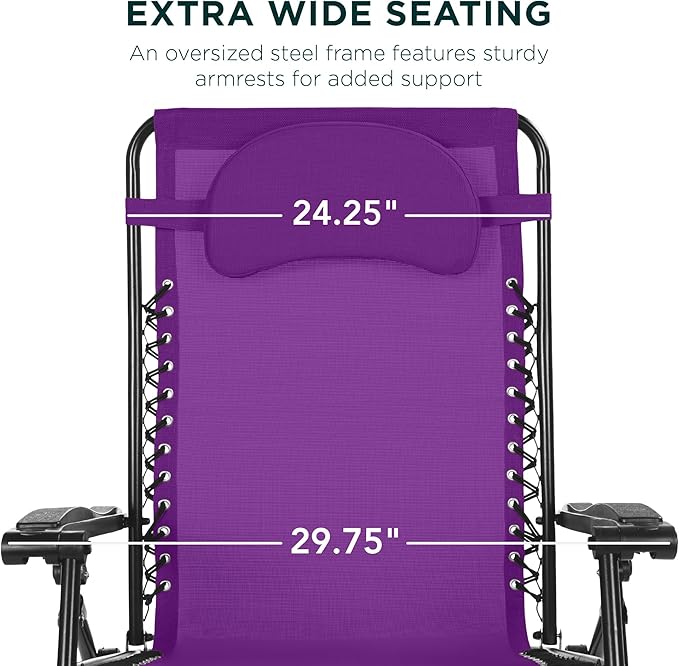 Best Choice Products Oversized Zero Gravity Chair, Folding Outdoor Patio Lounge Recliner w/Cup Holder Accessory Tray, Pillow - Amethyst Purple