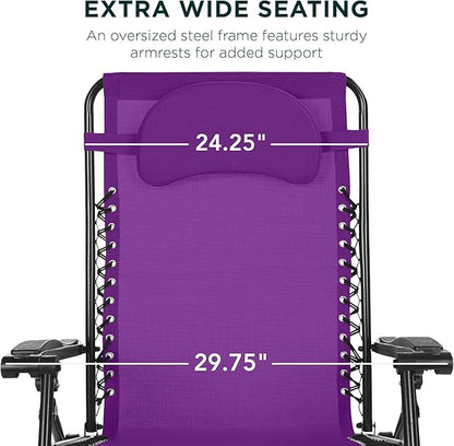 Best Choice Products Oversized Zero Gravity Chair, Folding Outdoor Patio Lounge Recliner w/Cup Holder Accessory Tray, Pillow - Amethyst Purple