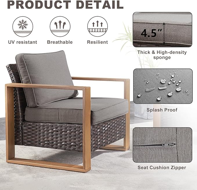 Rilyson Outdoor Wicker Patio Furniture Set - 4 Piece Patio Conversation Set with 2 Wicker Armrest Chairs,2 Rattan Ottoman, Sturdy Frame, Thick Cushions, Deep Seating(Brown/Grey)