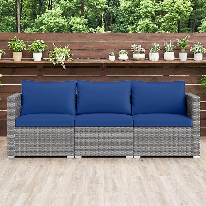 Tangkula 3 Seat Outdoor Wicker Sofa Set, Modular PE Rattan Patio Cushioned Sectional Couch Set, Outside Furniture Set for Deck, Backyard, Porch, Garden & Poolside (Navy)