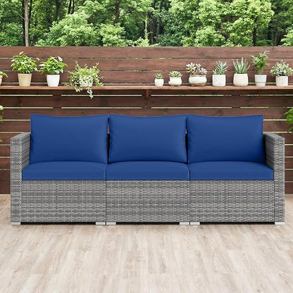 Tangkula 3 Seat Outdoor Wicker Sofa Set, Modular PE Rattan Patio Cushioned Sectional Couch Set, Outside Furniture Set for Deck, Backyard, Porch, Garden & Poolside (Navy)
