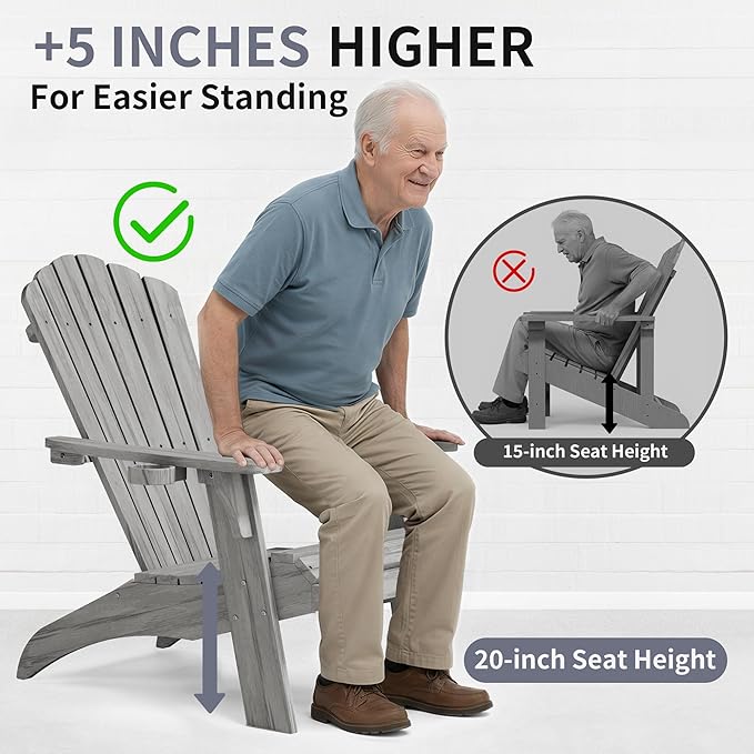 Psilvam Oversized Adirondack Chair, Fade-Resistant & Odor-Free Poly Lumber Fire Pit Chairs with Cup Holder, Weatherproof Outdoor Chair, Easy 15 Min Install Patio Chair, 350 Lbs Support (4, Gray)