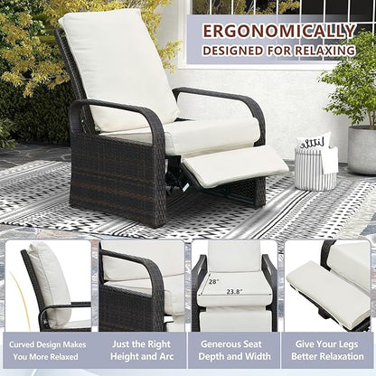 ATR ART TO REAL Outdoor Wicker Recliner Chair with 5.5'' Cushions, Automatic Adjustable Patio Lounge Chairs, Aluminum Frame Reclining Chair for Lawn Backyard Porch Poolside Deck (Beige)