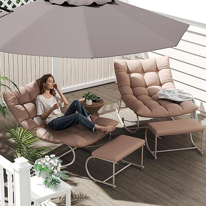 Outdoor Rocking Chairs Set of 2, Modern Papasan Rocking Chairs with Cushions, Upholstered Patio Rocking Chairs with Foot Rest, Cozy Metal Outdoor Lounge Rockers Recliner for Indoor, Khaki