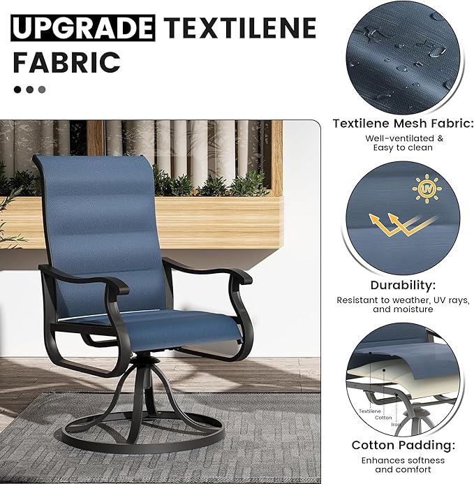 Patio Swivel Chairs Set of 4, Outdoor Dining Chairs with High Back, All-Weather Swivel Rocker Chair for Lawn, Porch or Garden (Padded Navy)