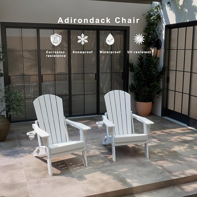 Folding Adirondack Chair Set of 6, HDPE Outdoor Patio Chair with Cup Holder, All Weather Plastic Lawn Chair with Wide Armrests, Portable Patio Chair for Backyard Deck Garden Fire Pit Poolside, White