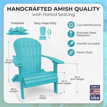 Ecommersify Folding Adirondack Chair with Cup Holder - (Aruba Blue) - Heavy Duty Recycled Poly Lumber Folding Chair - Amish Crafted Outdoor Furniture - Made in USA