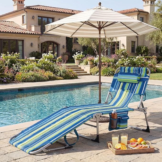 GYMAX Tanning Chair with Face Hole, Sun Bathing Lounge Chairs for Outside with Side Pocket, Folding Portable Face Down Layout Tanning Chair Beach, Backyard, Poolside, Lawn (Blue Stripe,2)