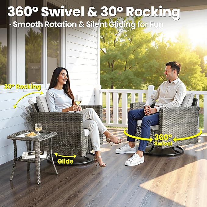 ovios Patio Furniture Set, 7 Pieces Outdoor Wicker Sofa Couch with Swivel Rocking Chairs Glass Table Comfy Cushions - Photo 2
