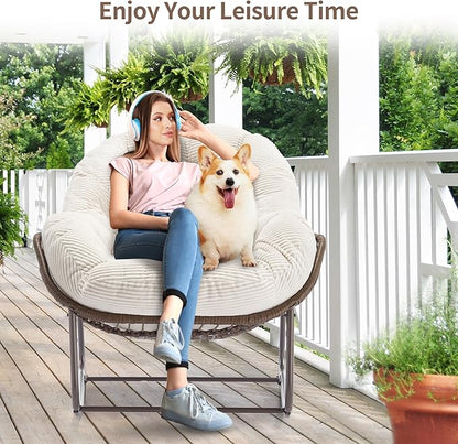 HOMEFUN Outdoor Patio Rocking Chairs, Oversized Papasan Rock Chair Indoor with Striped Velvet Padded Cushion - Rocker Egg Seat for Front Porch, Garden, Patio, Backyard White
