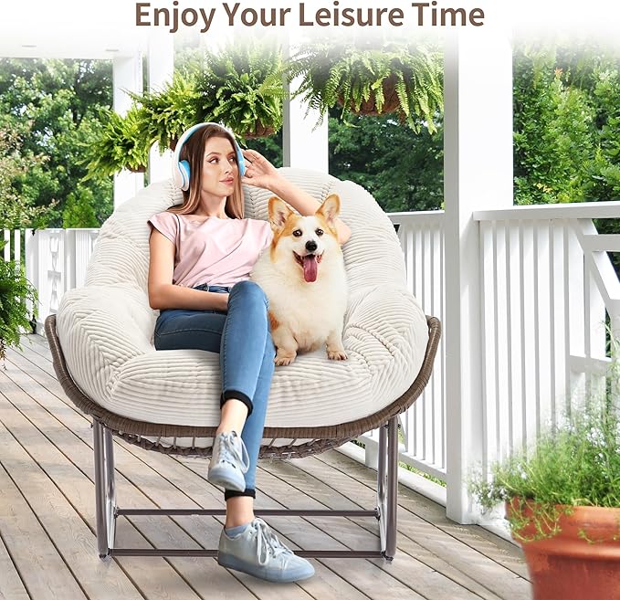 HOMEFUN Outdoor Patio Rocking Chairs Set of 2, Oversized Papasan Rock Chair Indoor with Striped Velvet Padded Cushion - Rocker Egg Seat for Front Porch, Garden, Patio, Backyard White