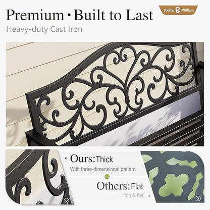 Sophia & William Outdoor Bench, Metal Garden Bench, Cast Iron Park Benches for Outside with Floral Design Backrest, Black