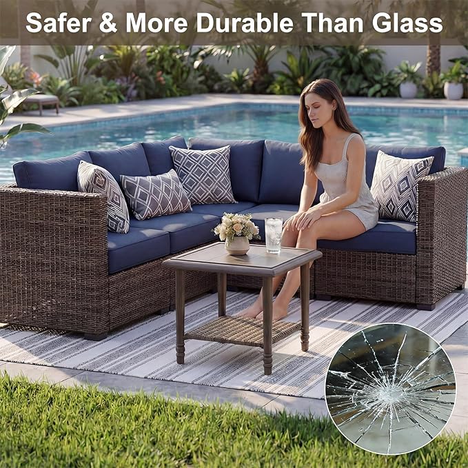 Wicker Outdoor Side Table, Heavy Duty Iron Patio Table for Porch Balcony Deck Garden Poolside - Photo 5