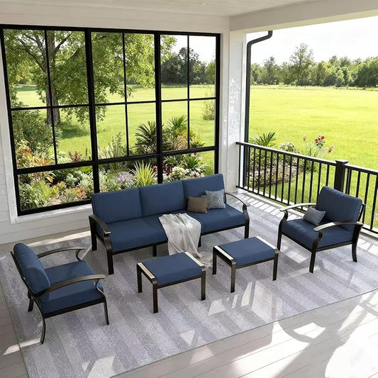 Gotland Aluminum Patio Furniture Set, Metal Outdoor Furniture with 2 Ottomans 5.1’’ High-Resilience Seat Cushions, 5 Piece Patio Set, Oversized Outdoor Sectional Patio Conversation Sets, Navy