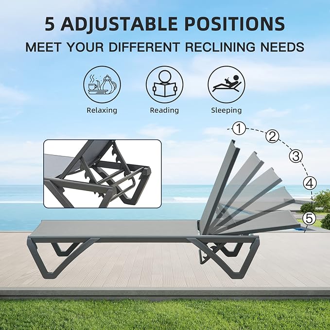 Domi Pool Lounge Chairs, Aluminum Patio Chaise Lounge with Side Table, 5 Position Adjustable Backrest and Wheels, All Weather Outdoor Lounge Chairs for Beach, Yard, Balcony, Poolside, Gray