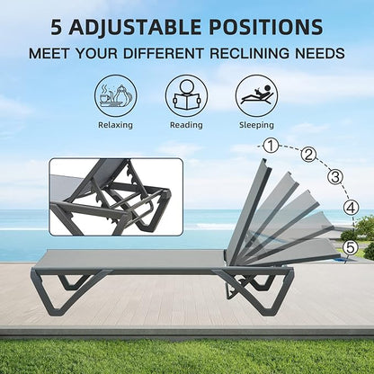 Domi Pool Lounge Chairs, Aluminum Patio Chaise Lounge with Side Table, 5 Position Adjustable Backrest and Wheels, All Weather Outdoor Lounge Chairs for Beach, Yard, Balcony, Poolside, Gray