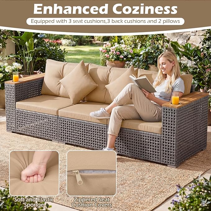 Tangkula 86.5" Large 3-Seat Patio Wicker Sofa, 3 Pieces PE Rattan Sectional Furniture Set with Cup Holder & Wood Armrest, Outdoor Couch Set with Armless & 2 Corner Sofas for Garden, Yard, Porch, Brown