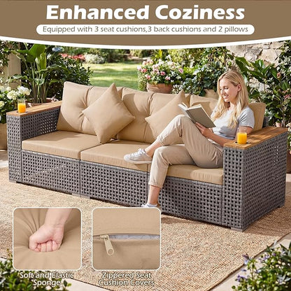 Tangkula 86.5" Large 3-Seat Patio Wicker Sofa, 3 Pieces PE Rattan Sectional Furniture Set with Cup Holder & Wood Armrest, Outdoor Couch Set with Armless & 2 Corner Sofas for Garden, Yard, Porch, Brown