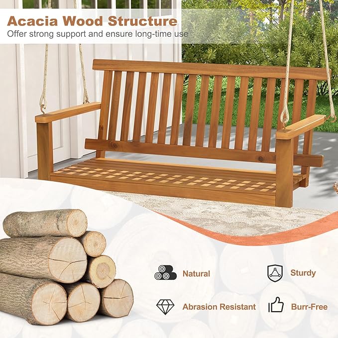 Tangkula 2 Person Hanging Porch Swing, Wooden Patio Swing with 2 Hanging Hemp Ropes, Slatted Seat & Back - Photo 4