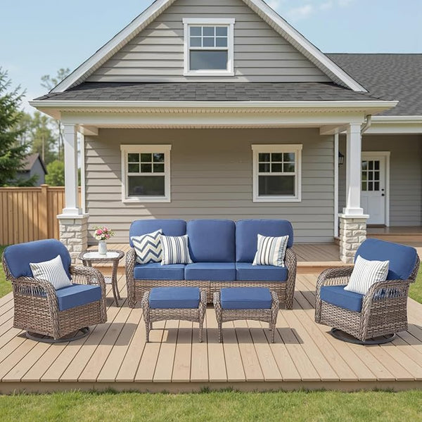 Wicker Patio Furniture Set, 6 Pieces Wicker Swivel Rocker Patio Chairs Outdoor 3 Seater Sofa with Ottomans Conversation - Photo 1