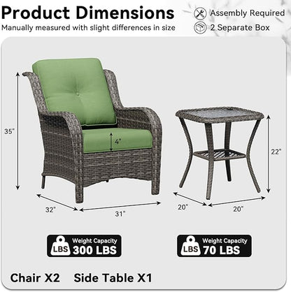 3 Pieces Outdoor Wicker Patio Furniture Set - Patio Chairs Set with Thickened Olefin Cushions, High Back and Deep Seating, Curved Armrest, PE Rattan for Porch, Deck, Balcony,Green