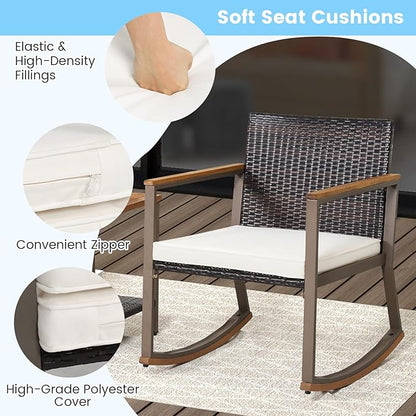 HAPPYGRILL 3 Piece Rocking Bistro Set, Outdoor PE Wicker Rocking Chair with Coffee Table, Soft Seat Cushions Included, Gentle & Smooth Rocking Furniture Set for Yard Porch