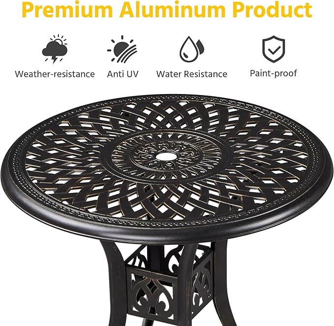 Yaheetech 31in Cast Aluminum Patio Table with Umbrella Hole, Outdoor Round Anti-Rust Small Coffee Bistro Table with Umbrella Hole, Outdoor Furniture for Porch, Backyard, Garden, Bronze