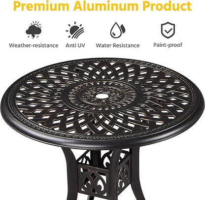 Yaheetech 31in Cast Aluminum Patio Table with Umbrella Hole, Outdoor Round Anti-Rust Small Coffee Bistro Table with Umbrella Hole, Outdoor Furniture for Porch, Backyard, Garden, Bronze