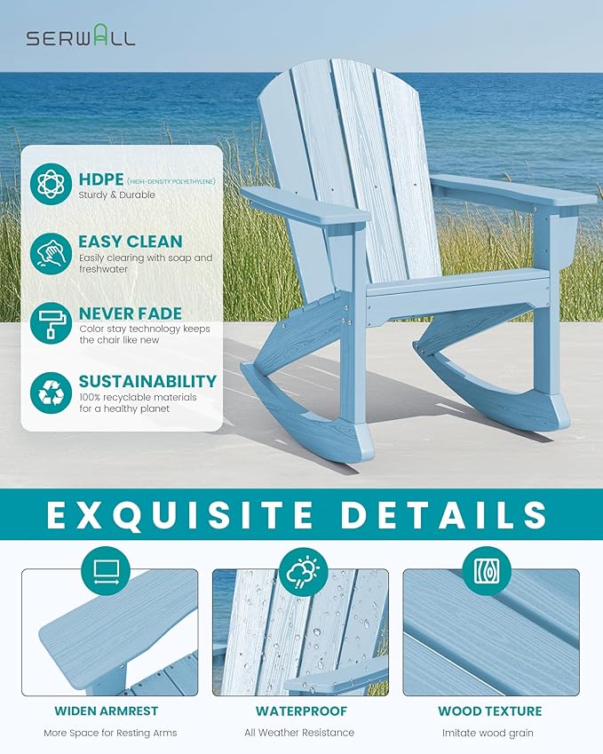 SERWALL Outdoor Adirondack Rocking Chairs Set of 2, All-Weather HDPE Adirondack Rocker Chairs, Front Porch Rocker Chairs for Patio Lawn Porch Deck, Light Blue