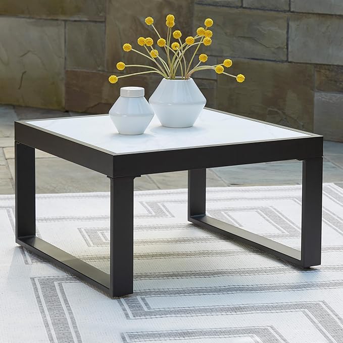 Signature Design by Ashley Beachloft Casual Glass Tabletop Outdoor Coffee Table with Sled Base, Gray & Black