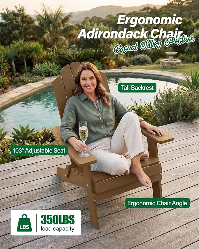 MXIMU Folding Adirondack Chair for Outdoor: Easy to Assemble and Comfortable Adirondack Chairs Set of 8 - All Weather Composite Plastic Chair for Outside Fire Pit Patio Lawn Garden Backyard Use(Teak)