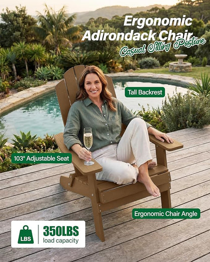 MXIMU Folding Adirondack Chair for Outdoor: Easy to Assemble and Comfortable Adirondack Chairs Set of 8 - All Weather Composite Plastic Chair for Outside Fire Pit Patio Lawn Garden Backyard Use(Teak)