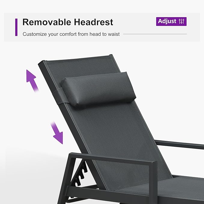 PURPLE LEAF Patio Lounge Chair Set of 3 Outdoor Chaise Lounger Aluminum Frame with Armrest Side Table and Wheels for - Photo 5