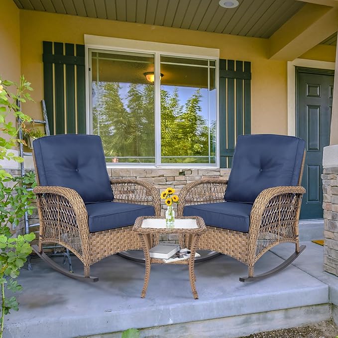 MEETWARM 3 Pieces Outdoor Wicker Rocking Chair Set - Photo 8