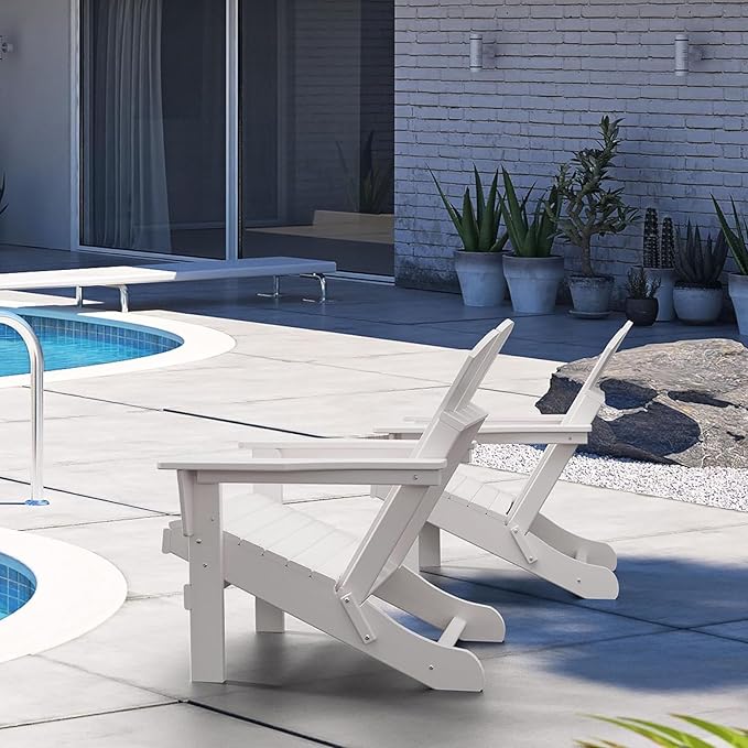 Assembly-free Folding Adirondack Chair, All-Weather Fire Pit Chairs, Oversized All Weather Resistant Outdoor Adirondack Chair for Firepit Area BBQ Beach Deck Garden Lawn Backyard Pool (Antique White)